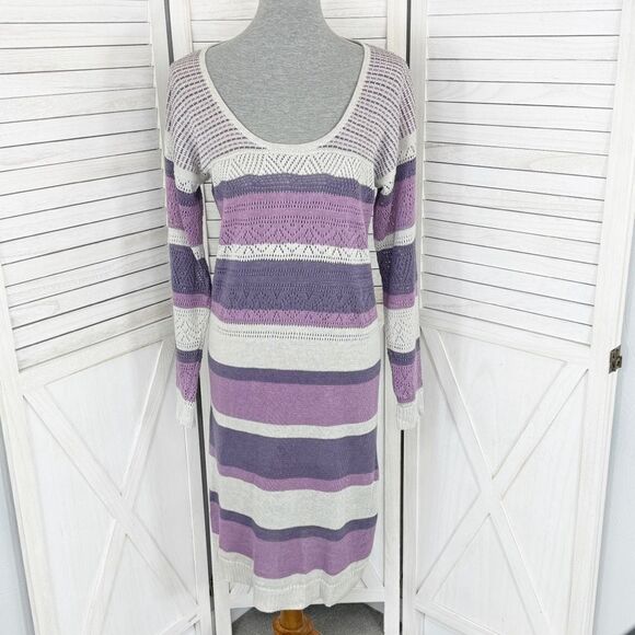 Moda International Vintage Linen Knit Striped Sweater Dress Purple Grey Medium - Picture 1 of 11